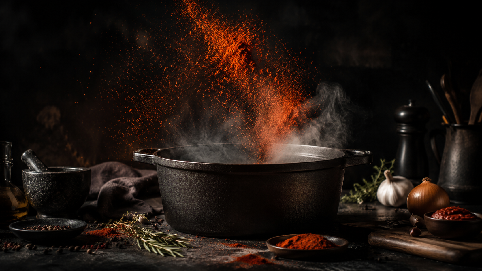 Dunkle Küche mit Paprika, Gusseisen und warmem Licht