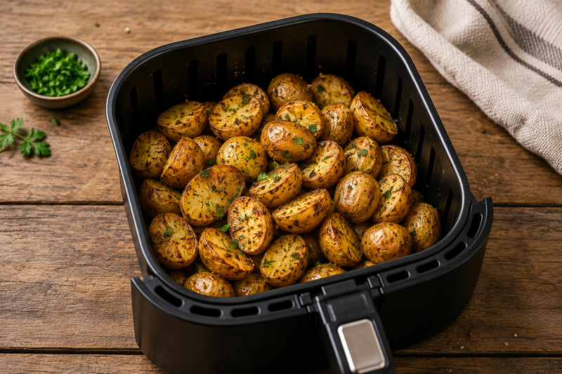 Knusprig gebräunte Babykartoffeln mit Kräutern im Airfryer-Korb