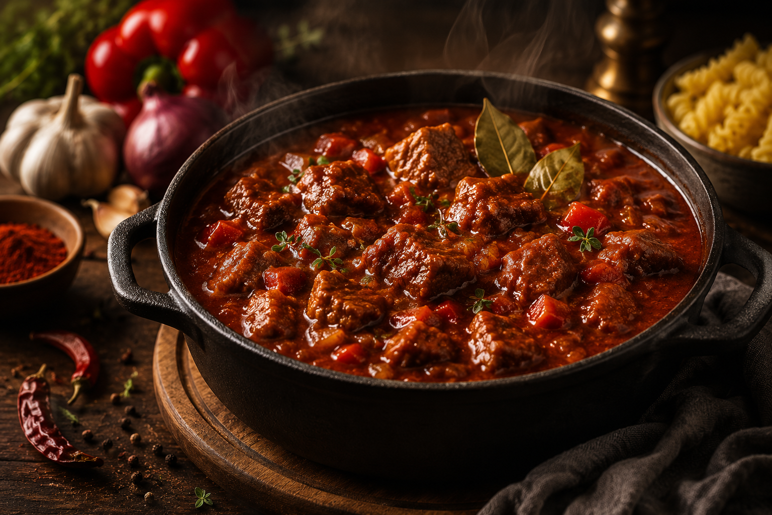Kräftiges Schweinegulasch mit Paprika im dunklen Schmortopf