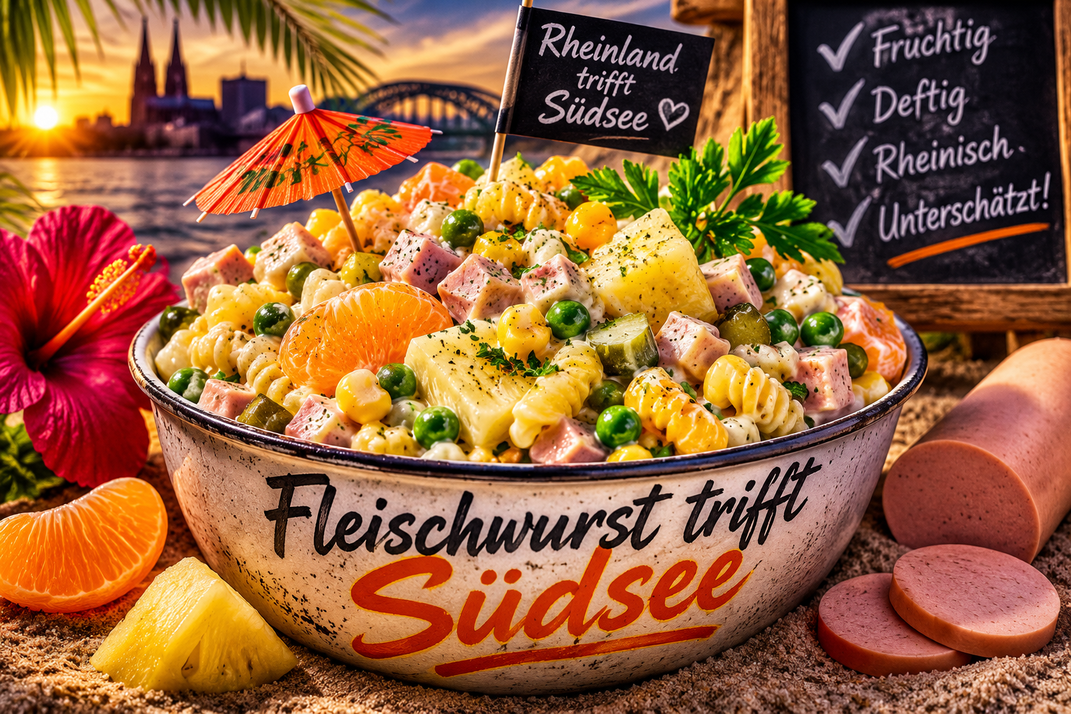 Cremiger Nudelsalat mit Geflügelfleischwurst, Ananas, Mandarinen, Erbsen, Mais und Gewürzgurken