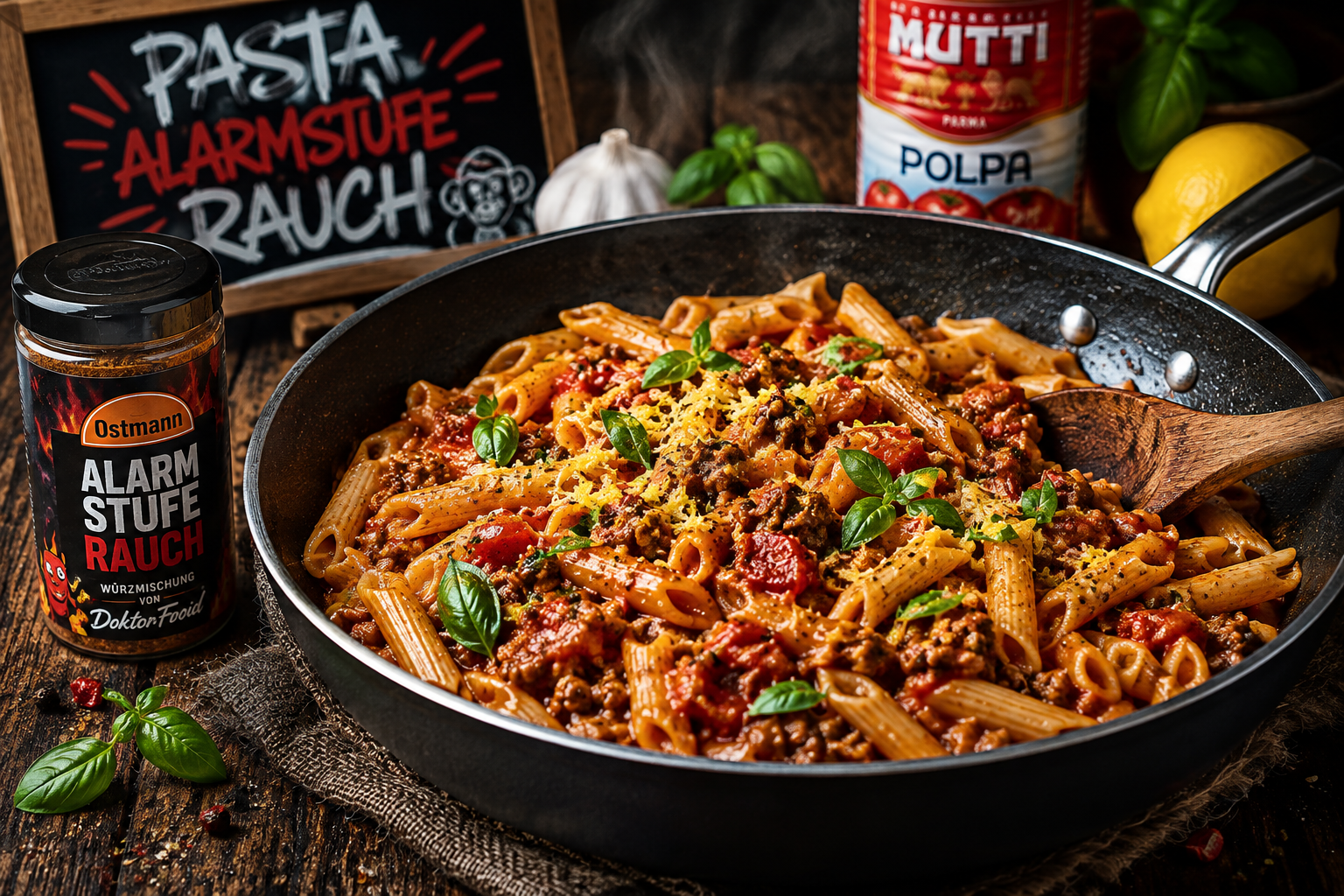 Hack-Tomaten-Pasta mit rauchiger Schärfe, Basilikum und einem Hauch Zitrone